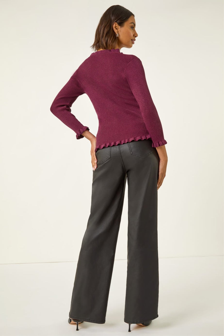 Roman Burgundy V-Neck Ruffle Knit