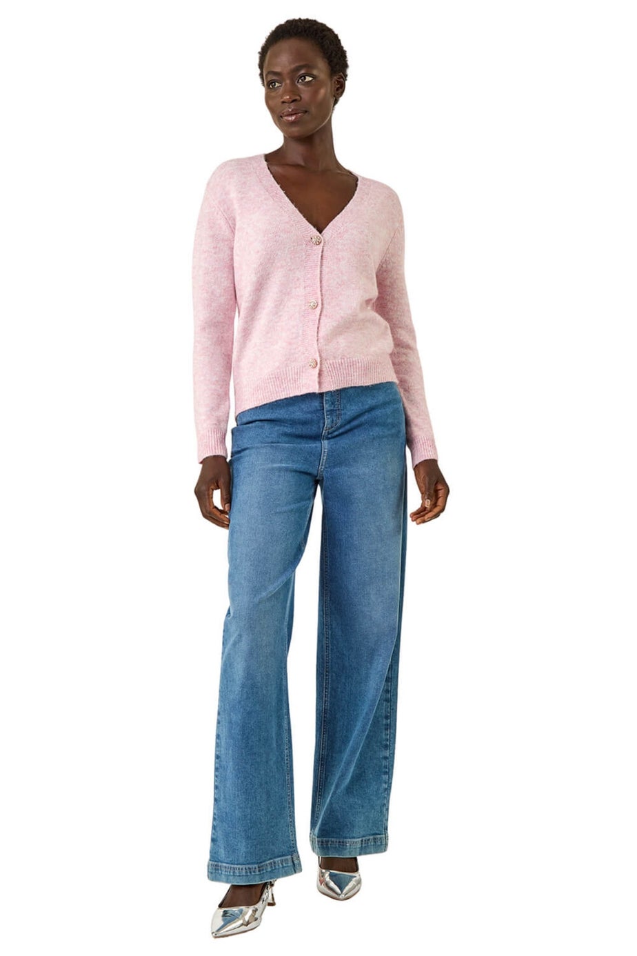 Roman Pink Metallic Trim Knit Cardigan