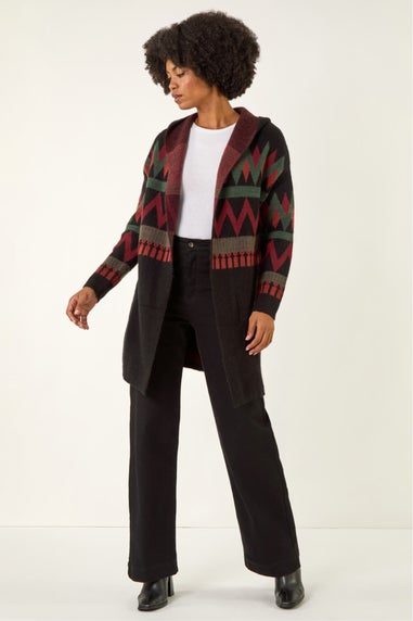 Roman Black Nordic Pattern Hooded Knit Cardigan