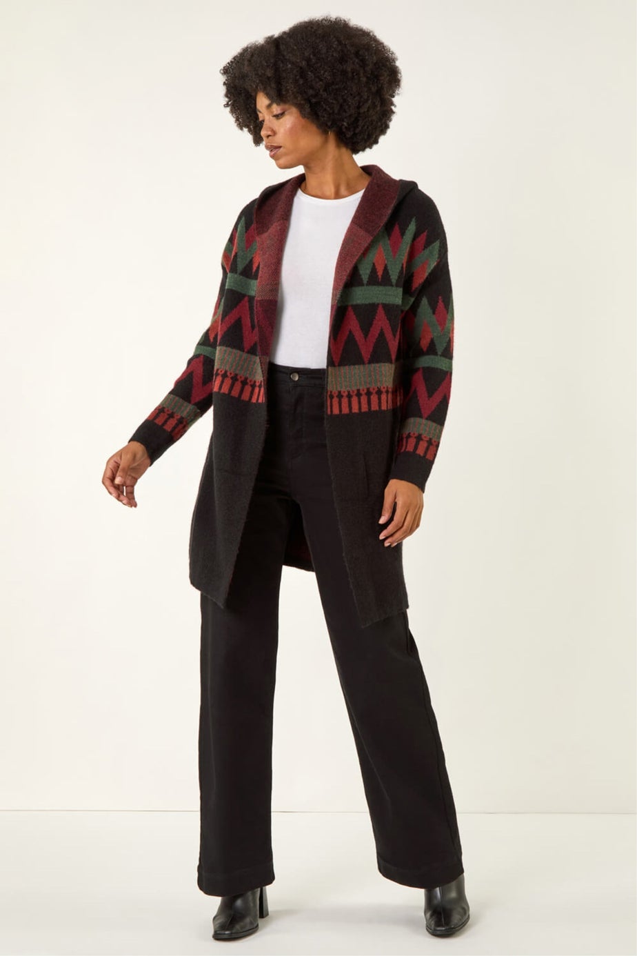 Roman Black Nordic Pattern Hooded Knit Cardigan