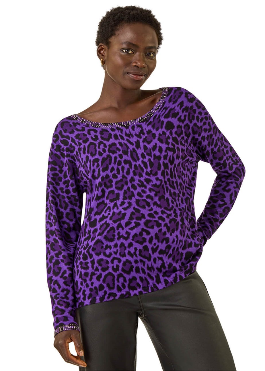 Roman Purple Animal Print Embellished Trim Jumper
