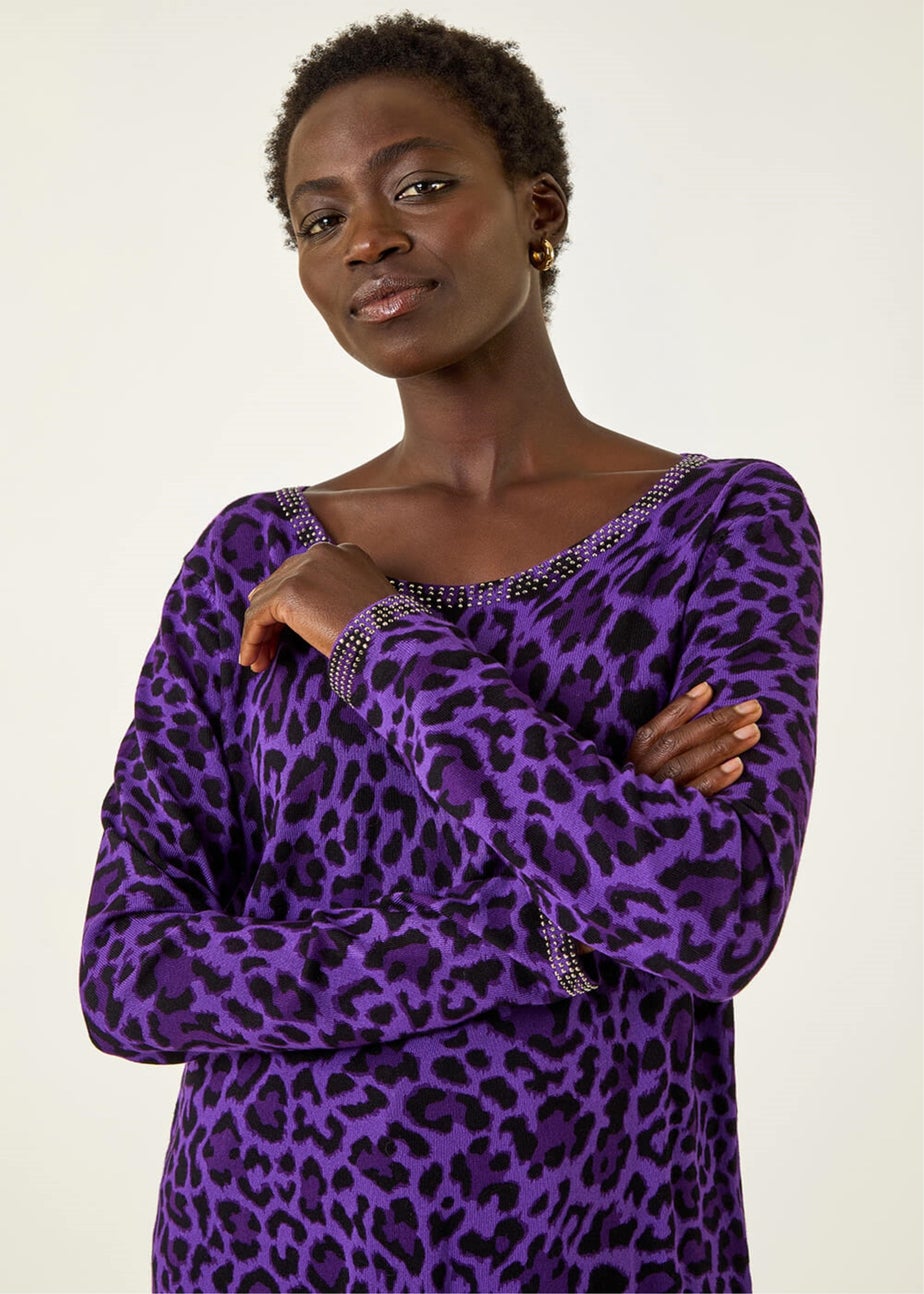 Roman Purple Animal Print Embellished Trim Jumper