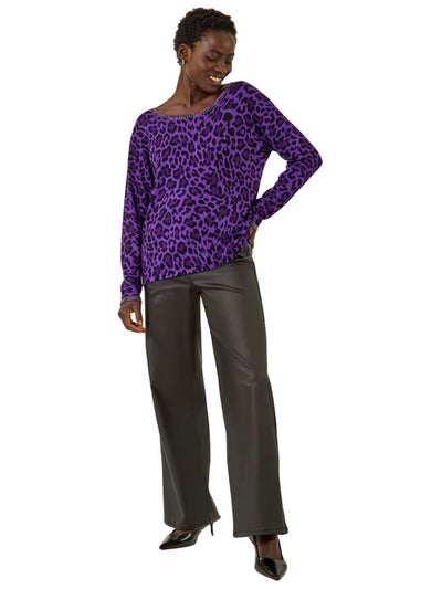 Roman Purple Animal Print Embellished Trim Jumper