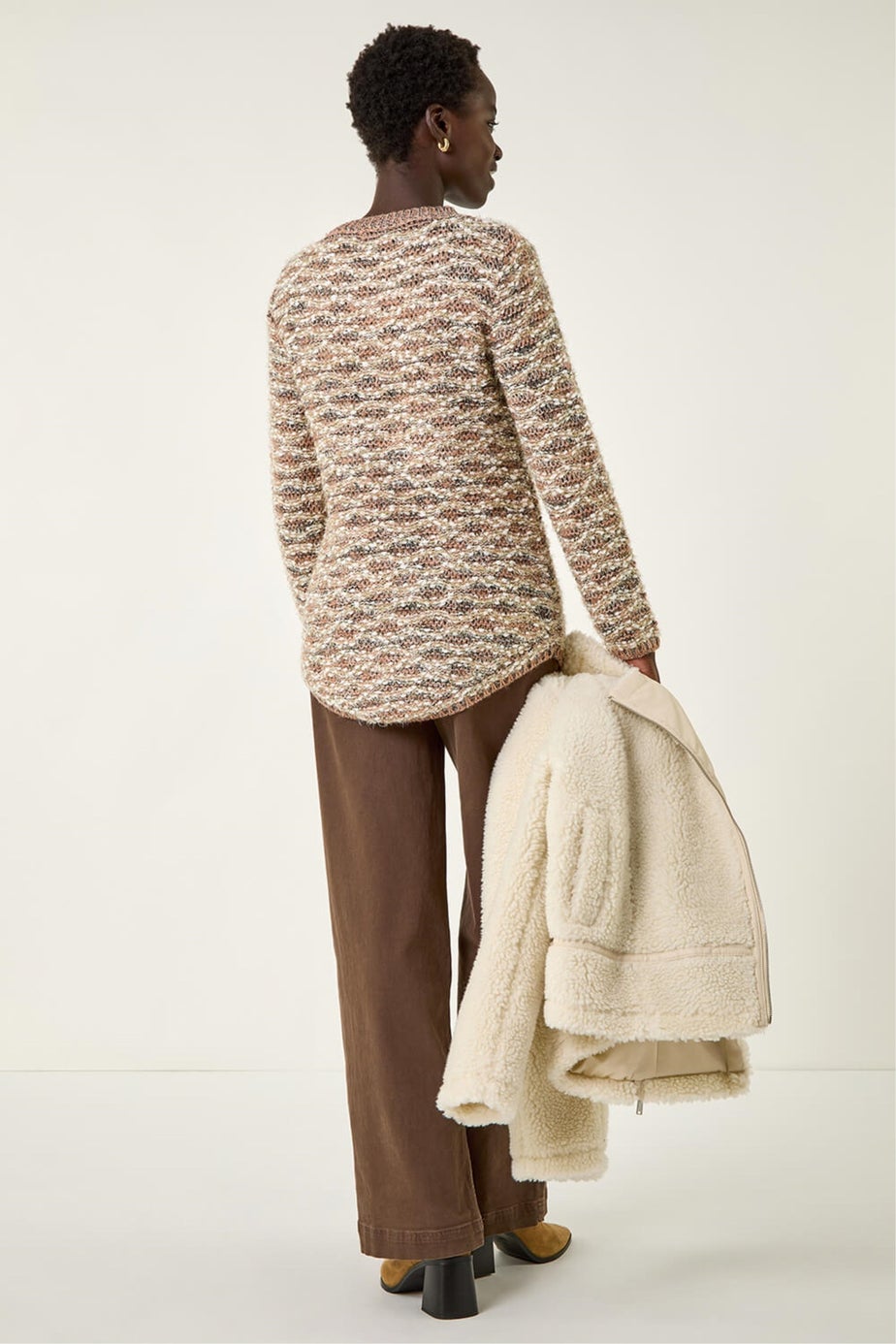 Roman Beige Metallic Curved Hem Knit Jumper