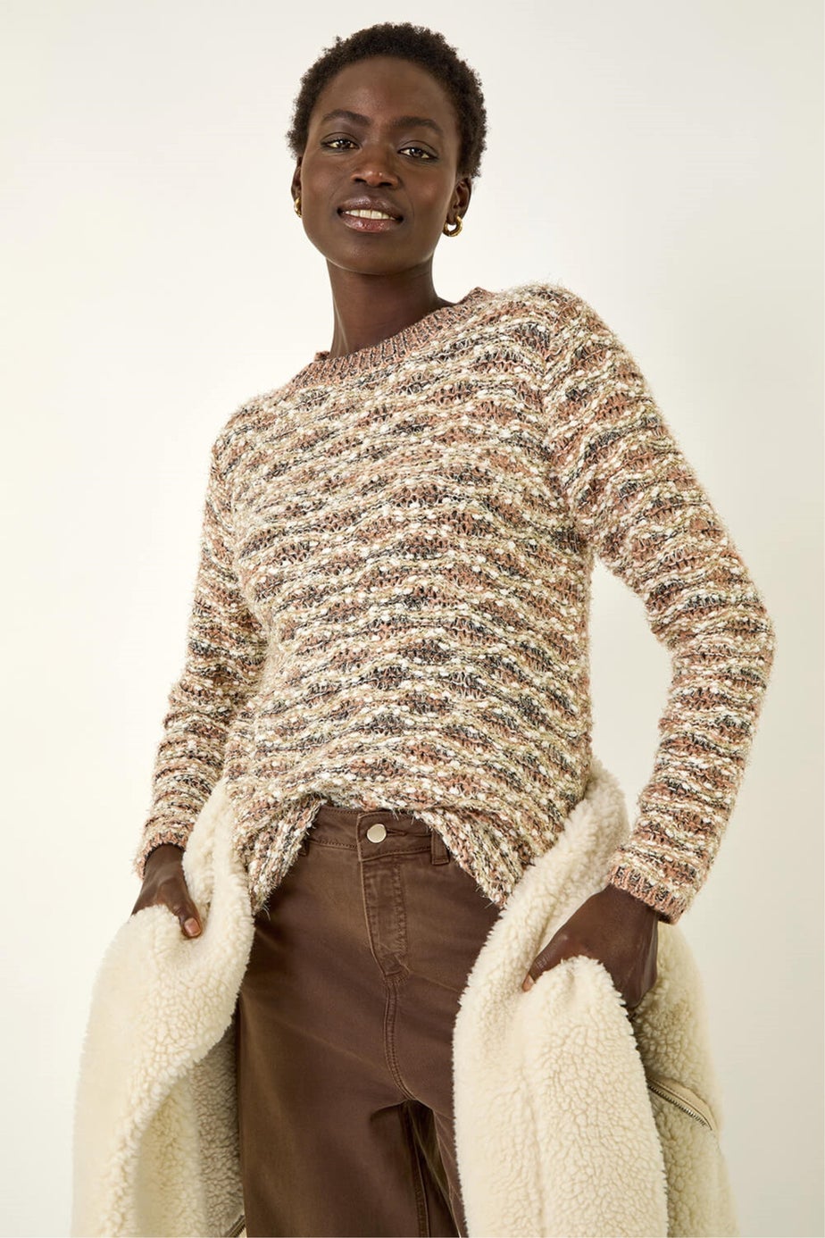 Roman Beige Metallic Curved Hem Knit Jumper