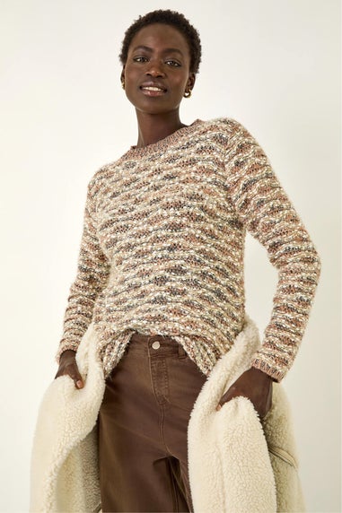 Roman Beige Metallic Curved Hem Knit Jumper