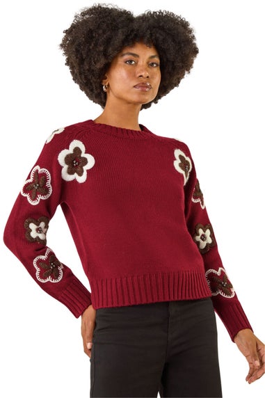 Roman Maroon Embellished Crew Neck Knit Jumper