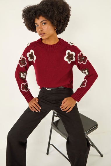 Roman Maroon Embellished Crew Neck Knit Jumper