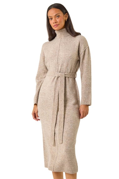 Dusk Natural Belted Knit Midi Dress