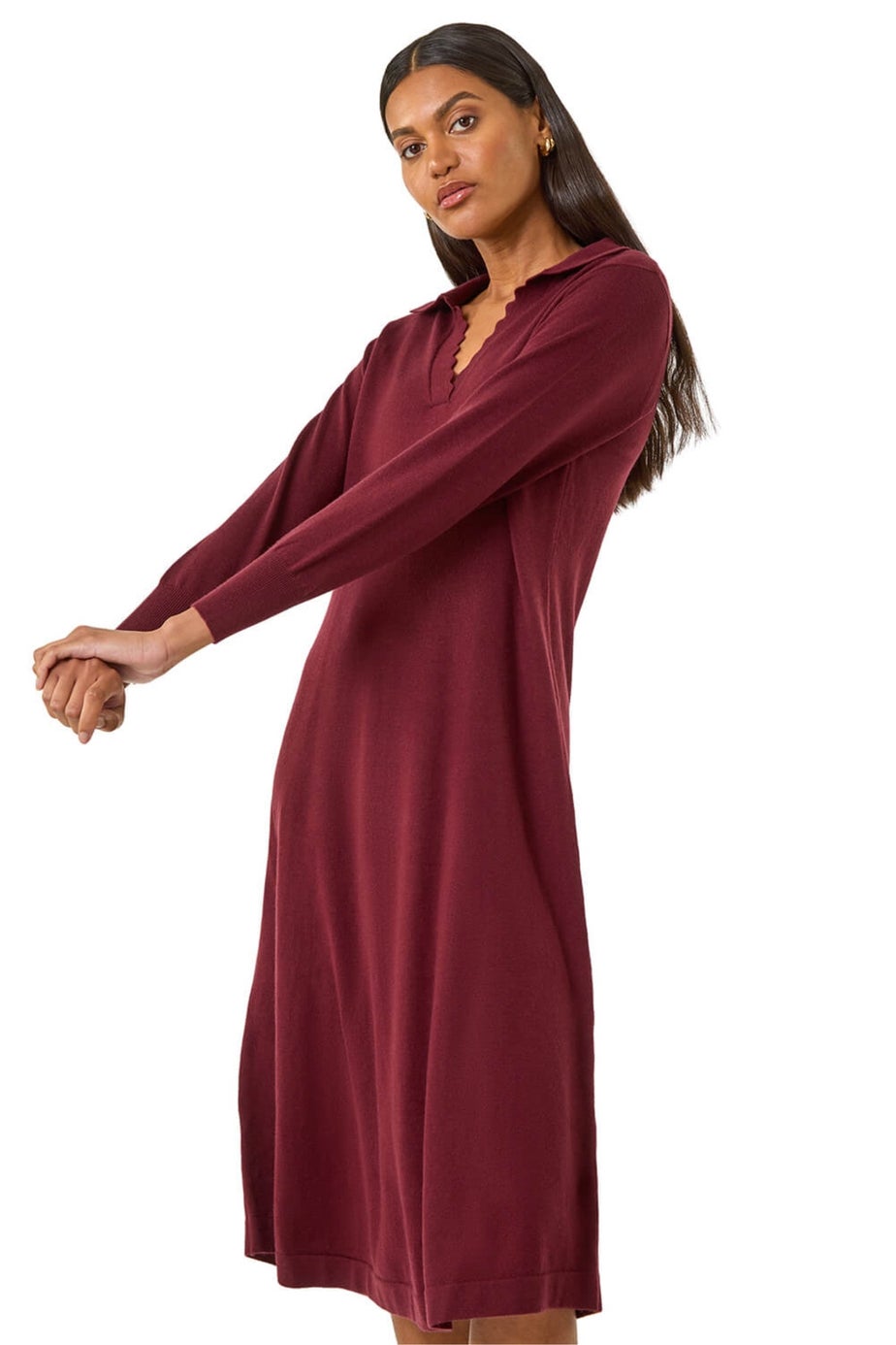 Roman Wine Scallop Detail Knitted Midi Dress