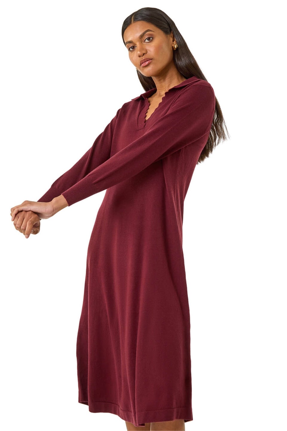 Roman Wine Scallop Detail Knitted Midi Dress