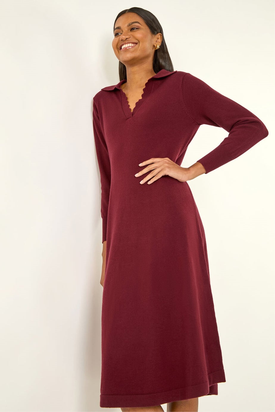 Roman Wine Scallop Detail Knitted Midi Dress