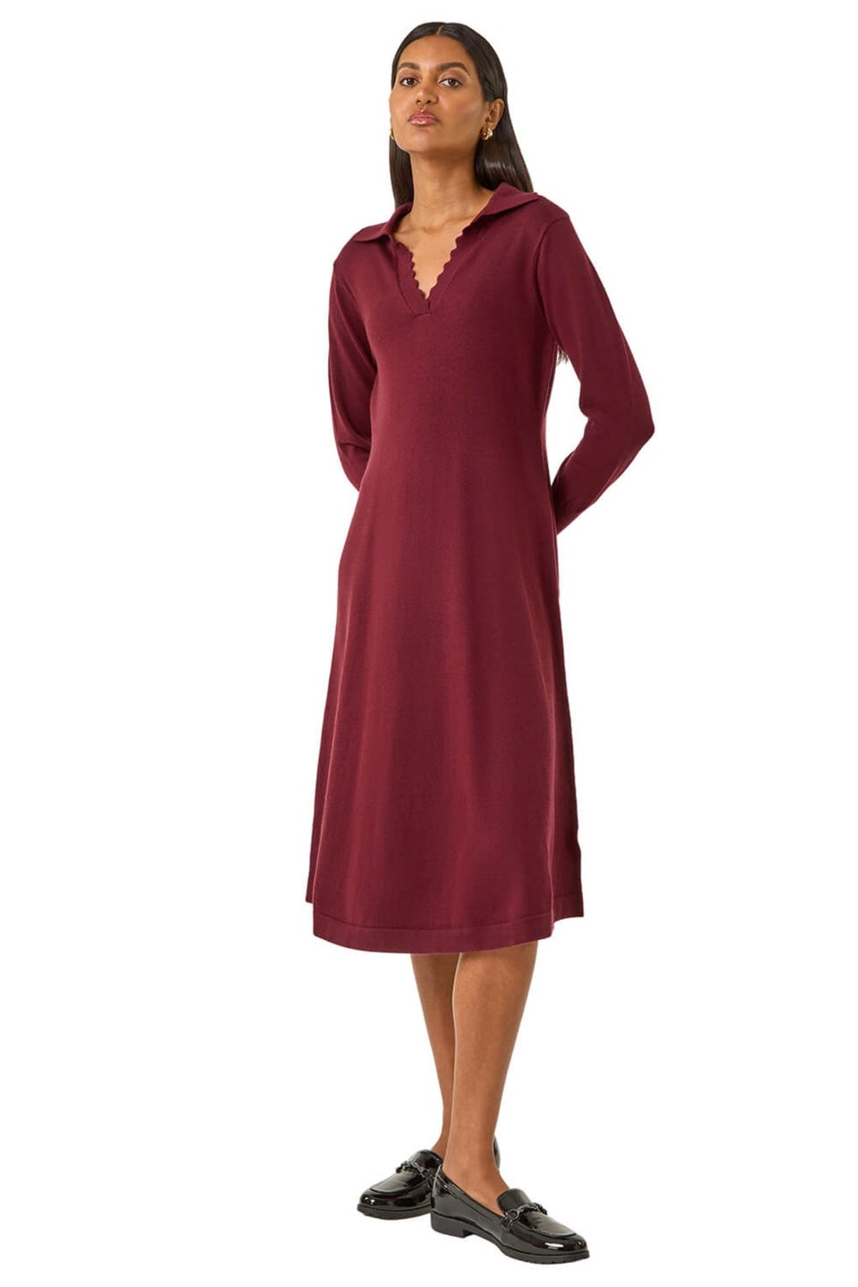 Roman Wine Scallop Detail Knitted Midi Dress