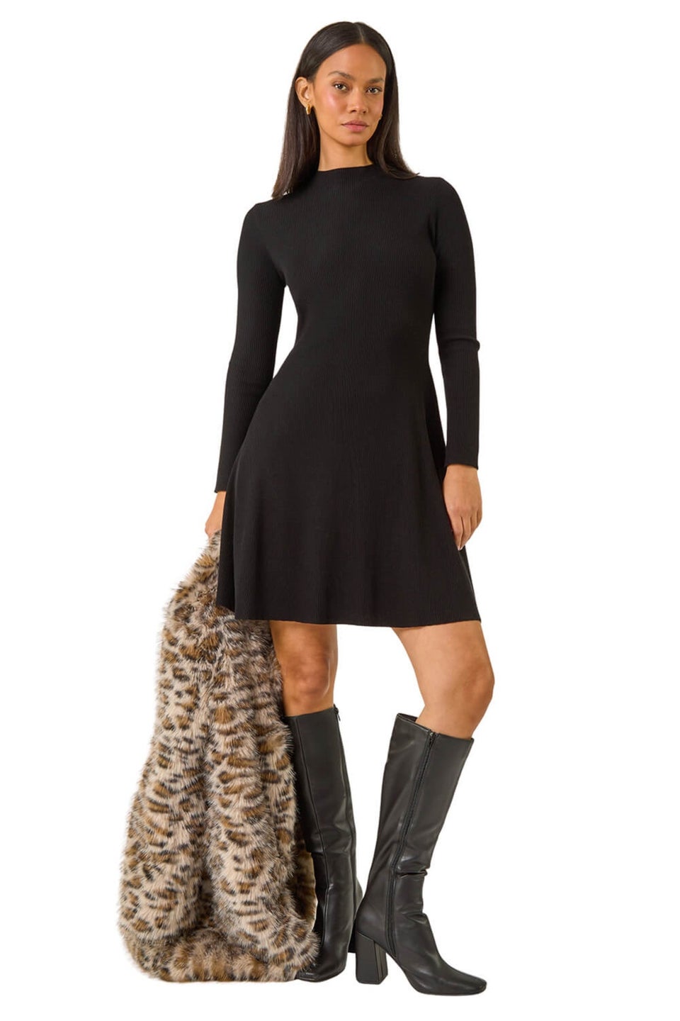 Dusk Black Ribbed Skater Jumper Dress