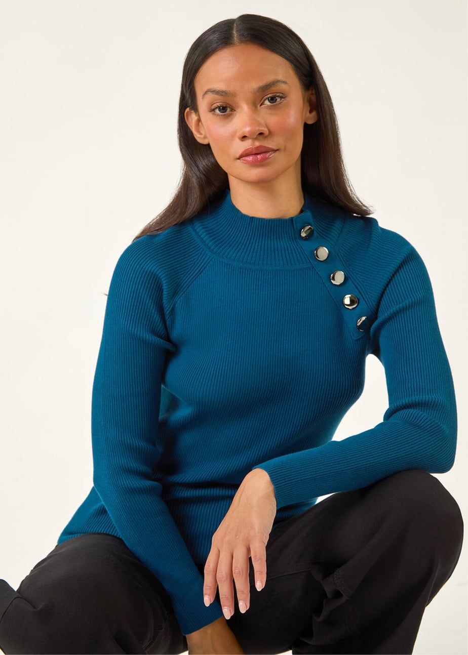 Dusk Teal High Neck Button Shoulder Jumper