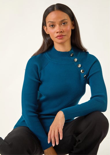Dusk Teal High Neck Button Shoulder Jumper