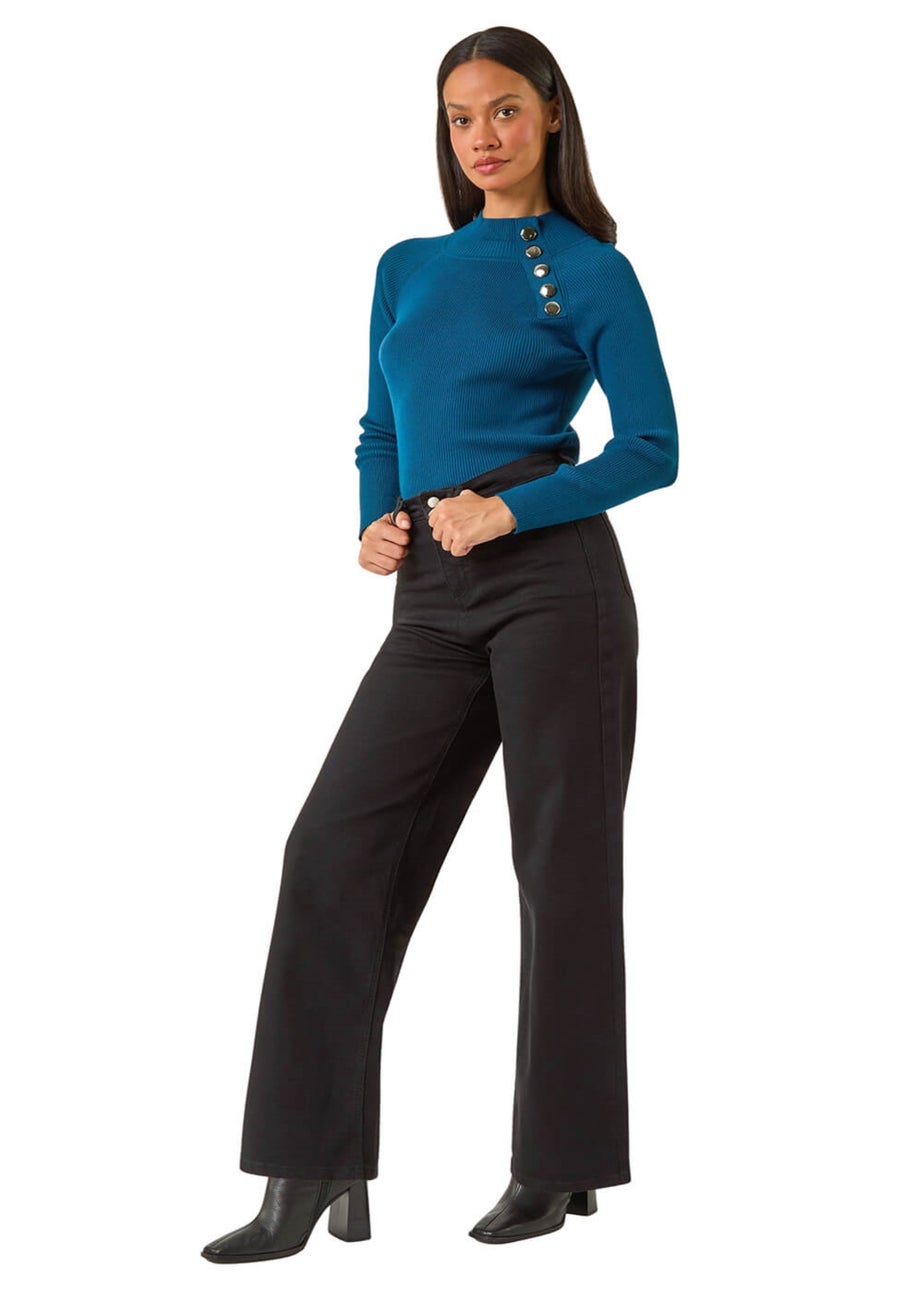 Dusk Teal High Neck Button Shoulder Jumper