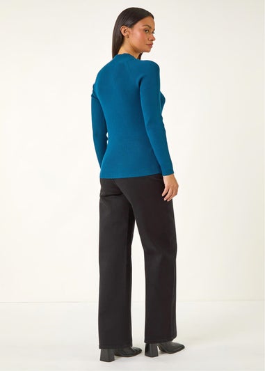 Dusk Teal High Neck Button Shoulder Jumper
