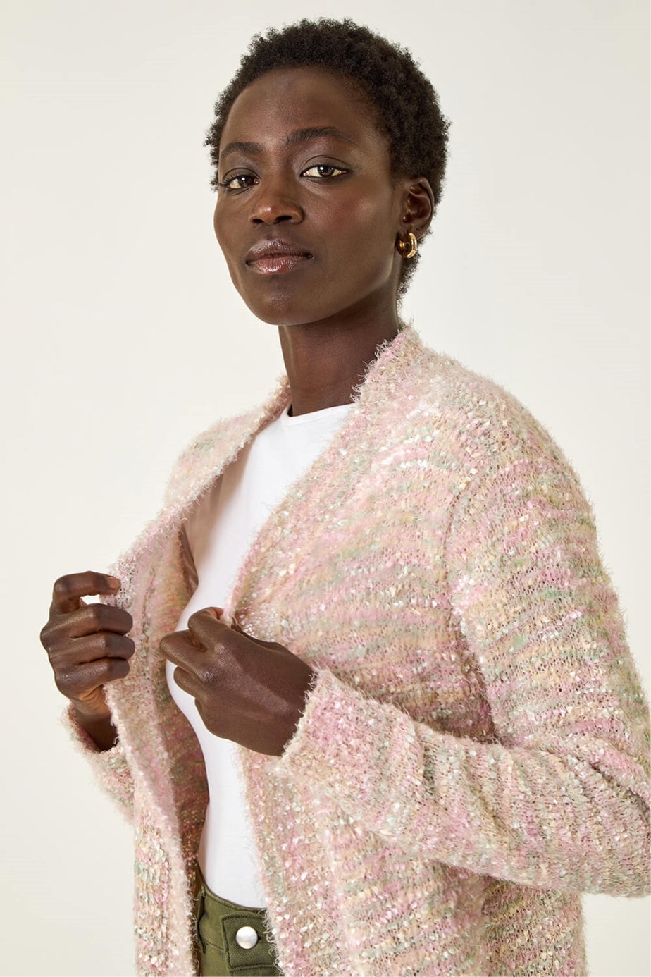 Roman Light Pink Speckled Popcorn Knit Cardigan