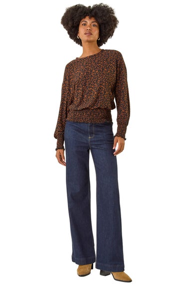 Roman Black Abstract Print Shirred Top