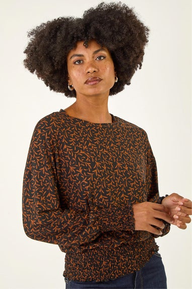 Roman Black Abstract Print Shirred Top