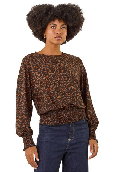 Roman Black Abstract Print Shirred Top