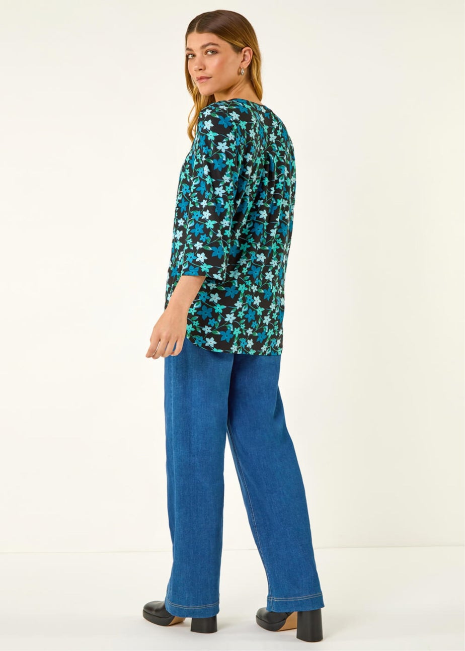 Roman Teal Abstract V-Neck Stretch Top