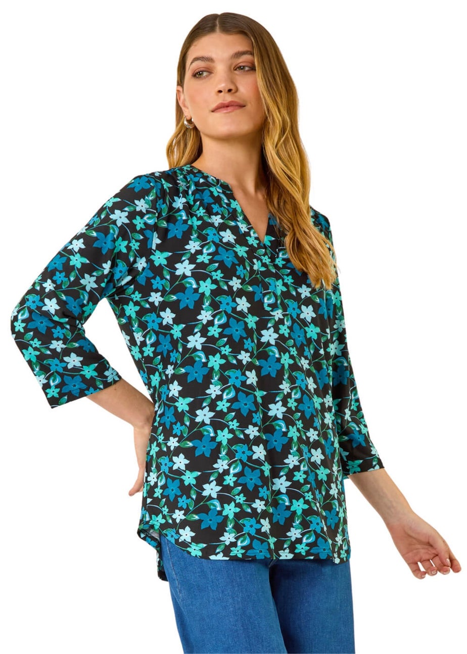 Roman Teal Abstract V-Neck Stretch Top