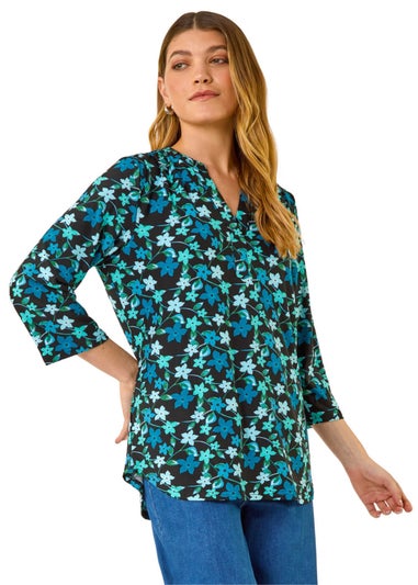 Roman Teal Abstract V-Neck Stretch Top