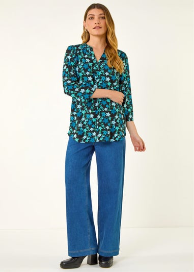 Roman Teal Abstract V-Neck Stretch Top