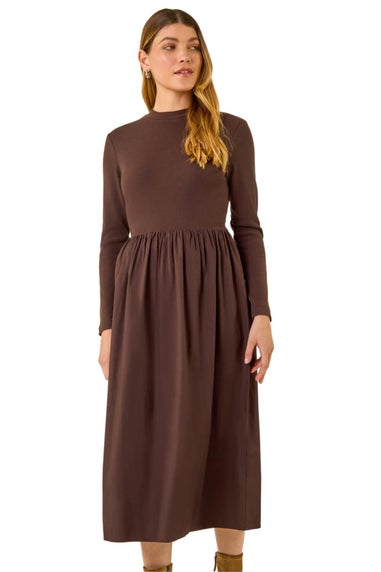 Roman Coffee Cotton Stretch Jersey Mix Midi Dress