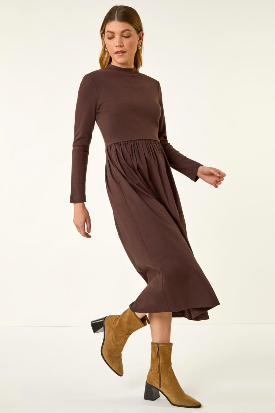 Roman Coffee Cotton Stretch Jersey Mix Midi Dress