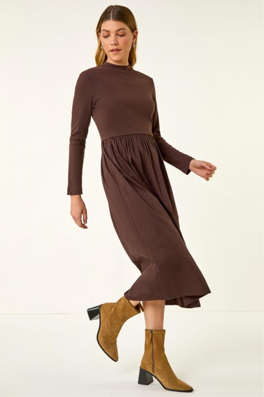 Roman Coffee Cotton Stretch Jersey Mix Midi Dress