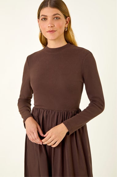 Roman Coffee Cotton Stretch Jersey Mix Midi Dress