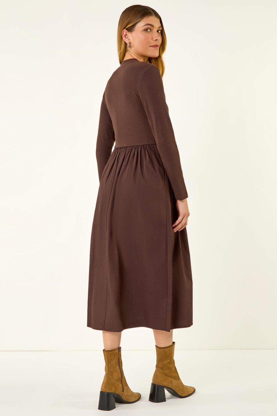 Roman Coffee Cotton Stretch Jersey Mix Midi Dress