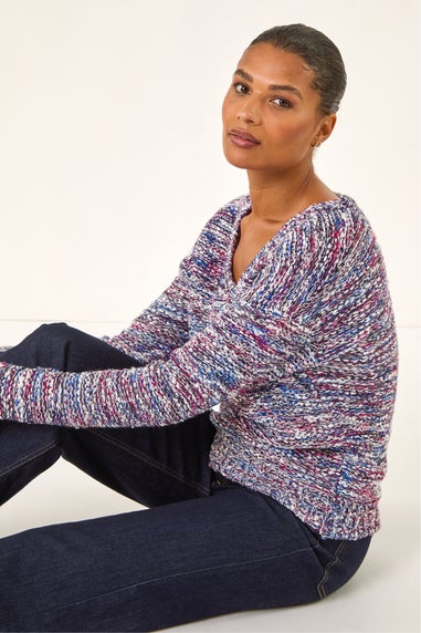 Roman Blue Tape Yarn V-Neck Knit Jumper