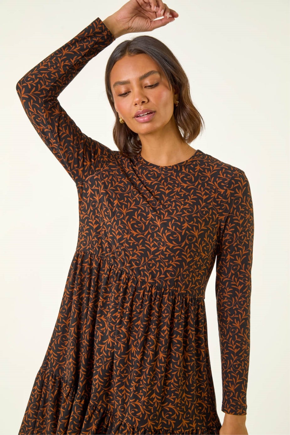Roman Rust Leaf Print Stretch Dress