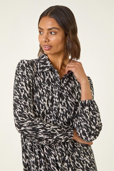 Roman Black Abstract Print Buttoned Stretch Dress