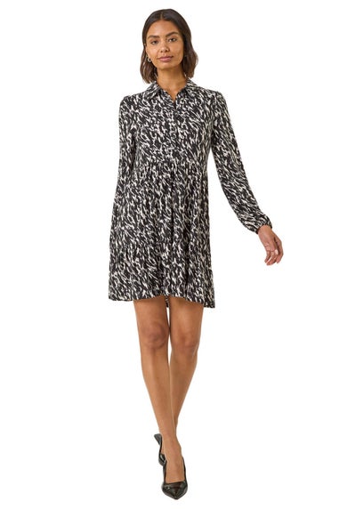 Roman Black Abstract Print Buttoned Stretch Dress