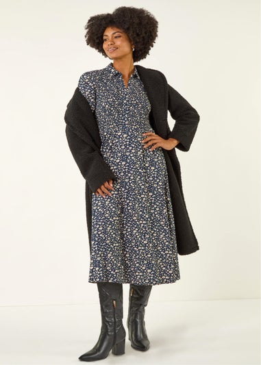 Roman Navy Ditsy Floral Print Shirred Midi Dress