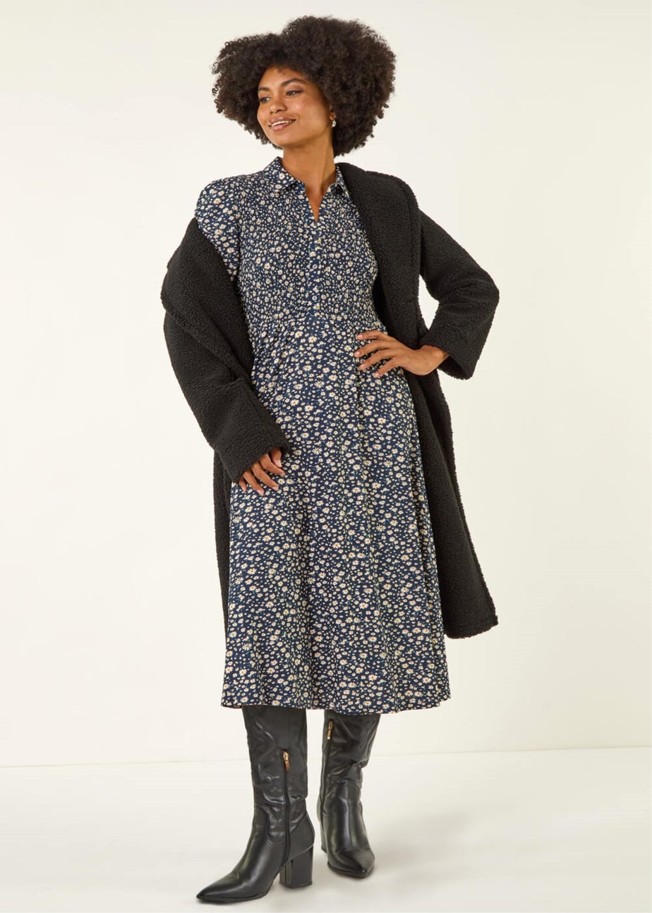 Roman Navy Ditsy Floral Print Shirred Midi Dress