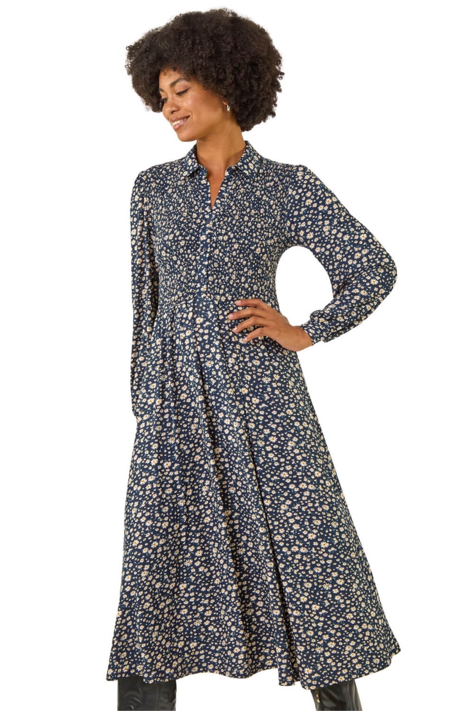Roman Navy Ditsy Floral Print Shirred Midi Dress