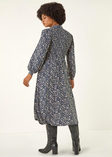Roman Navy Ditsy Floral Print Shirred Midi Dress