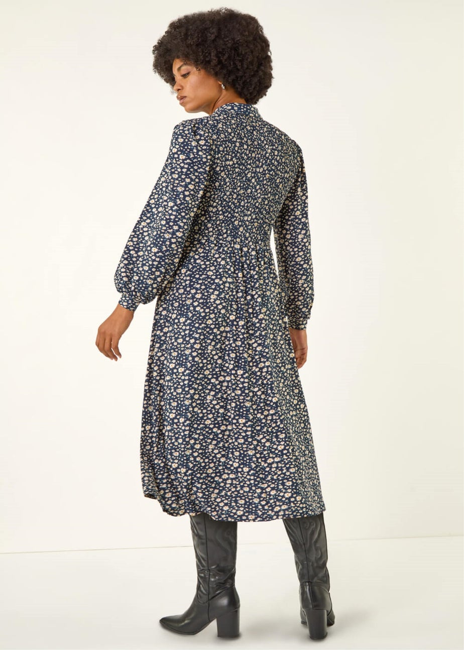 Roman Navy Ditsy Floral Print Shirred Midi Dress