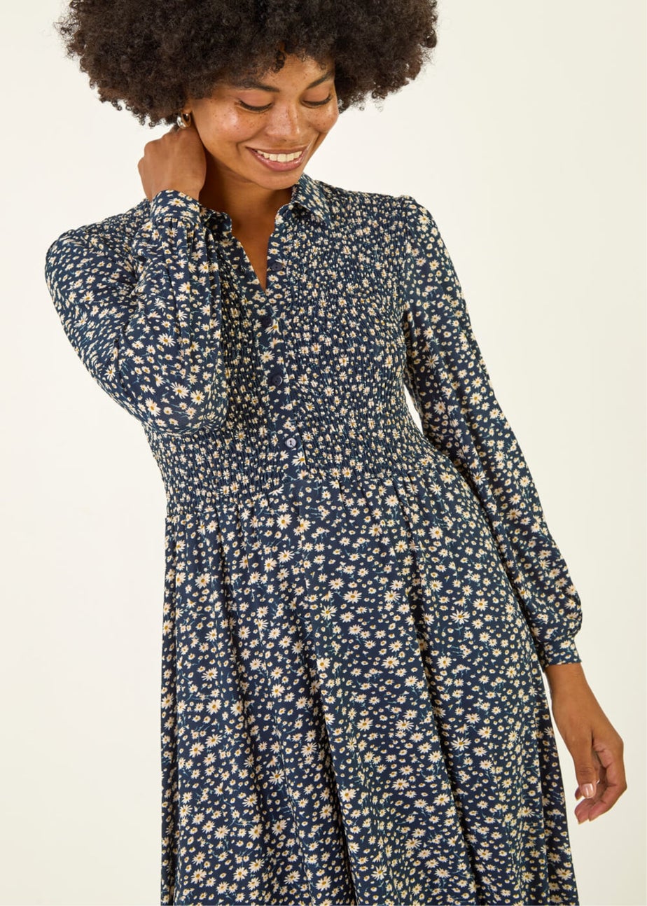 Roman Navy Ditsy Floral Print Shirred Midi Dress