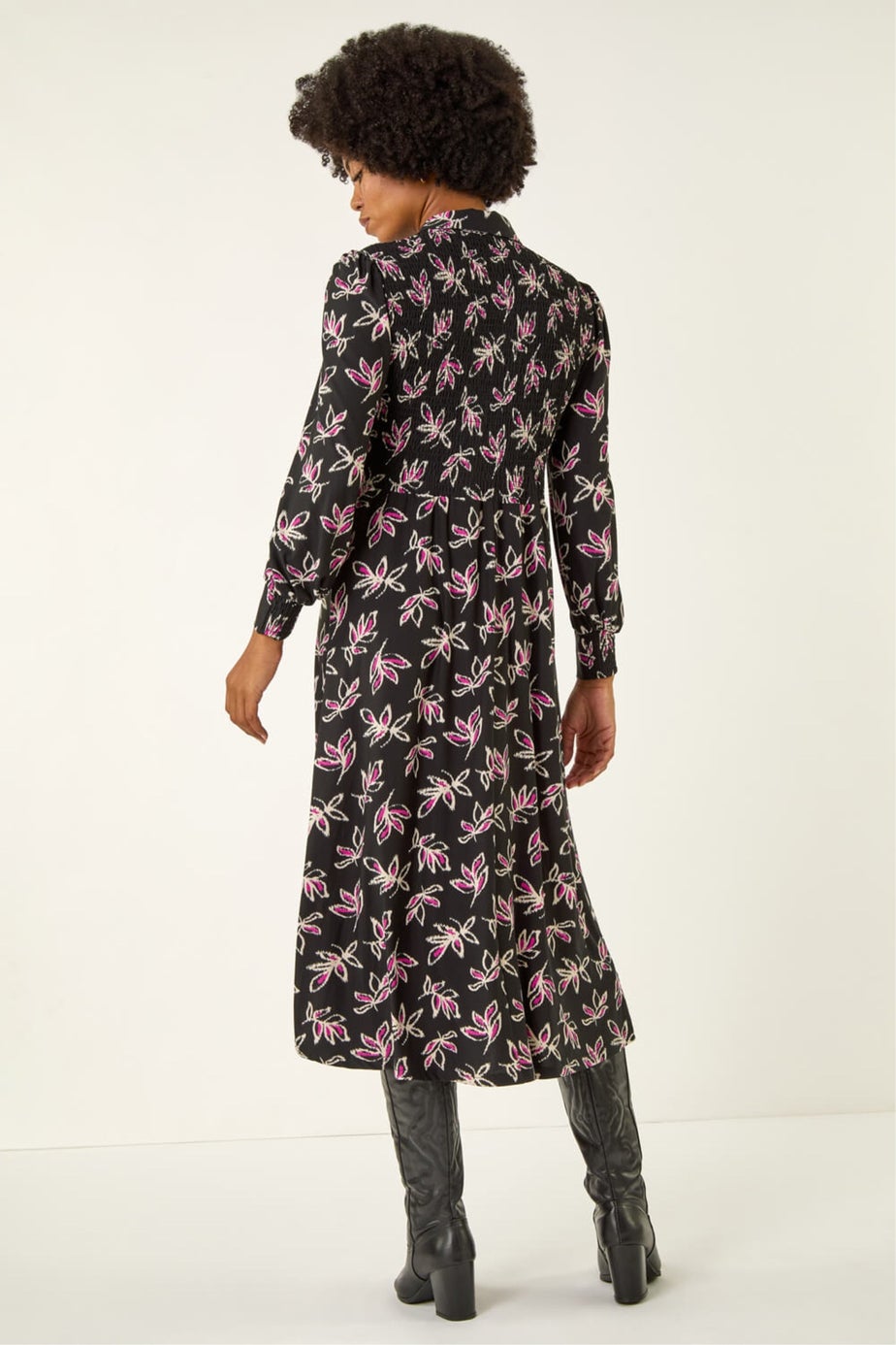 Roman Black Leaf Print Midi Shirt Dress