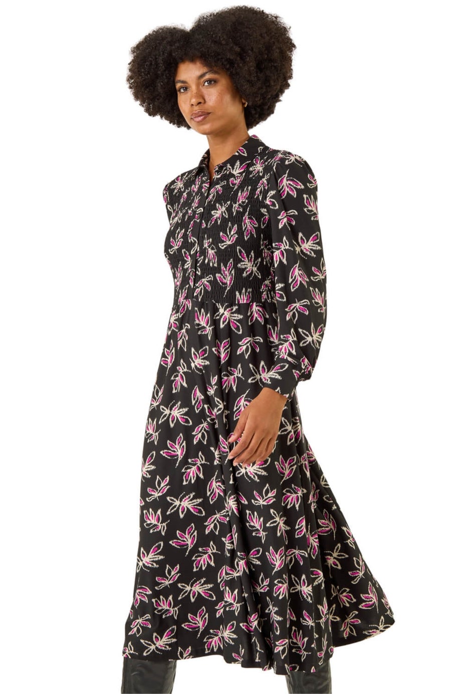 Roman Black Leaf Print Midi Shirt Dress