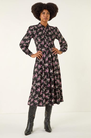 Roman Black Leaf Print Midi Shirt Dress