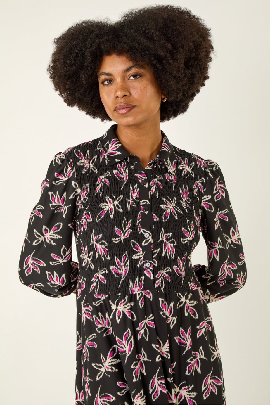 Roman Black Leaf Print Midi Shirt Dress