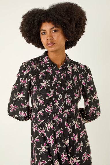 Roman Black Leaf Print Midi Shirt Dress